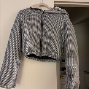 Princess Polly Cropped Black and White Checkered Hooded Jacket